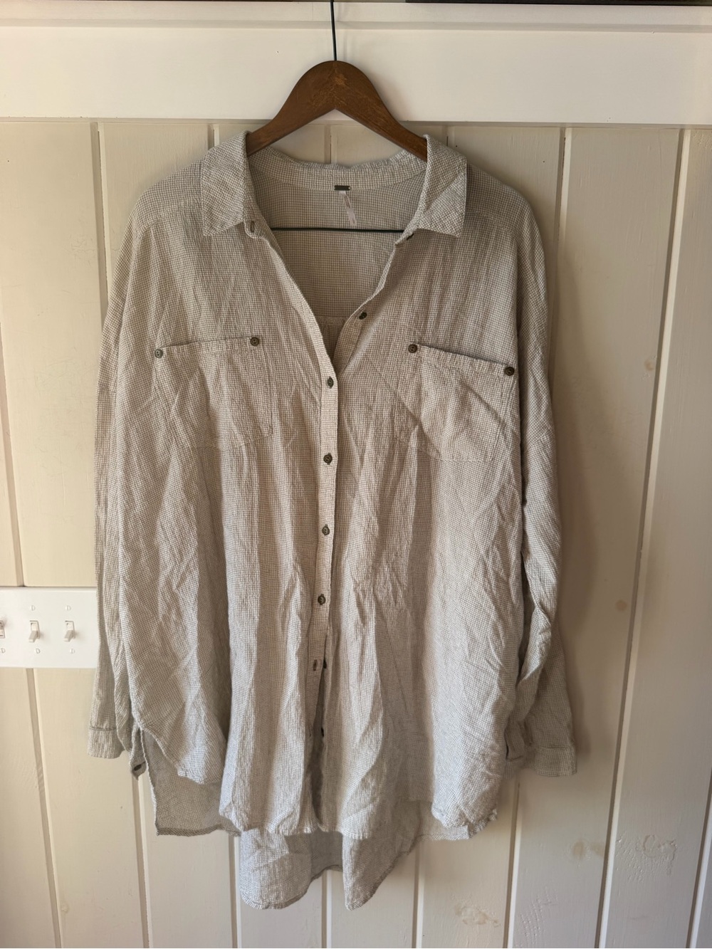 Free People Light Greenish Beige Textured Long-Sleeve Button-Up, Size Large